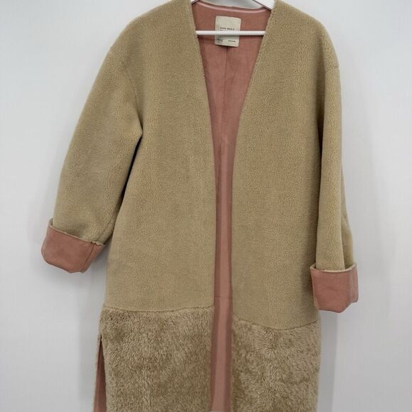 Zara Tan Faux Suede Teddy Sherpa Jacket Coat Oversized Size Large Pink - Picture 1 of 11